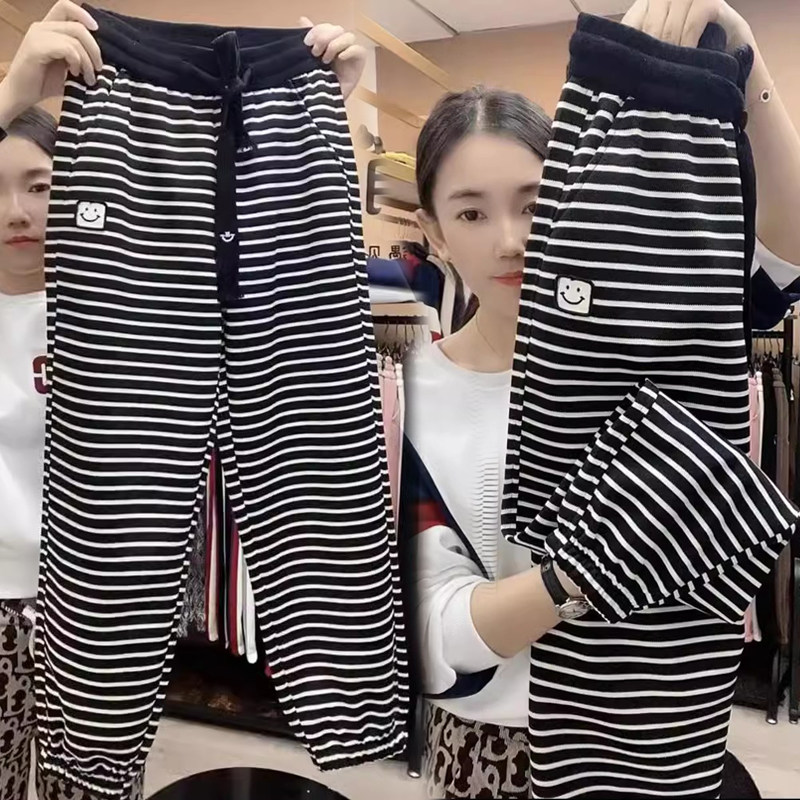 欧货2025春秋季新款黑白条纹卫裤女韩版哈伦九分裤宽松显瘦萝卜裤