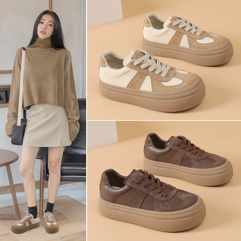 真皮小白鞋女款2024秋季新款板鞋厚底增高复古百搭运动休闲德训鞋