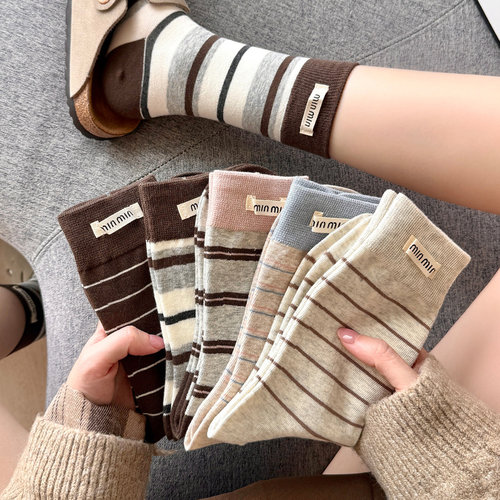 条纹袜子女春秋中筒袜ins潮可爱