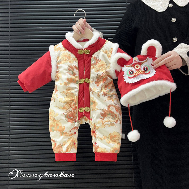 婴儿男女宝宝加厚冬季衣服连体衣新年红色喜庆满月过年周岁拜年