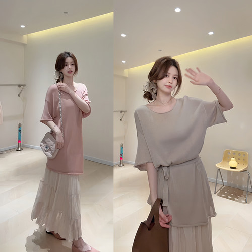 KA64斜边设计感长款亚麻冰丝针织短袖