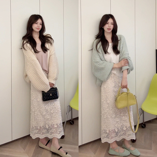 L003重磅手钩粗棒针波纹针织大开衫