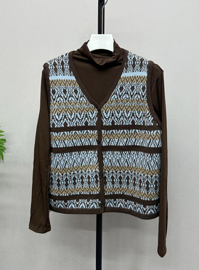 2025秋文艺复古腔调配色提花撞色毛针织毛衣马夹+打底衫女78185H