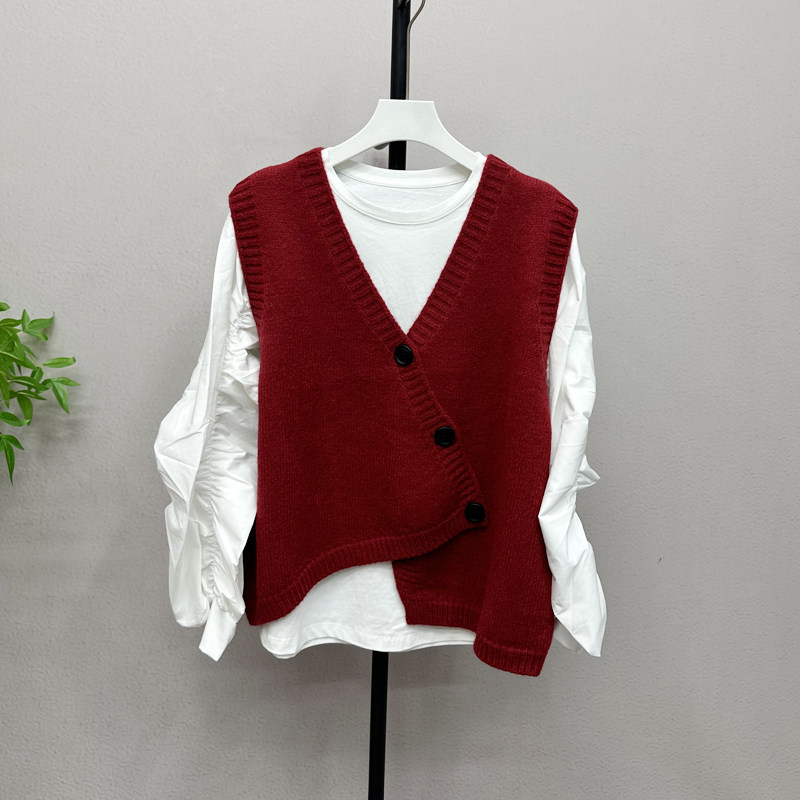 轻熟简约风V领不规则针织马甲皱褶长袖设计感T恤洋气两件套67293H,女装/女士精品,时尚套装,淘宝优惠券,粉丝福利购,淘宝优惠卷