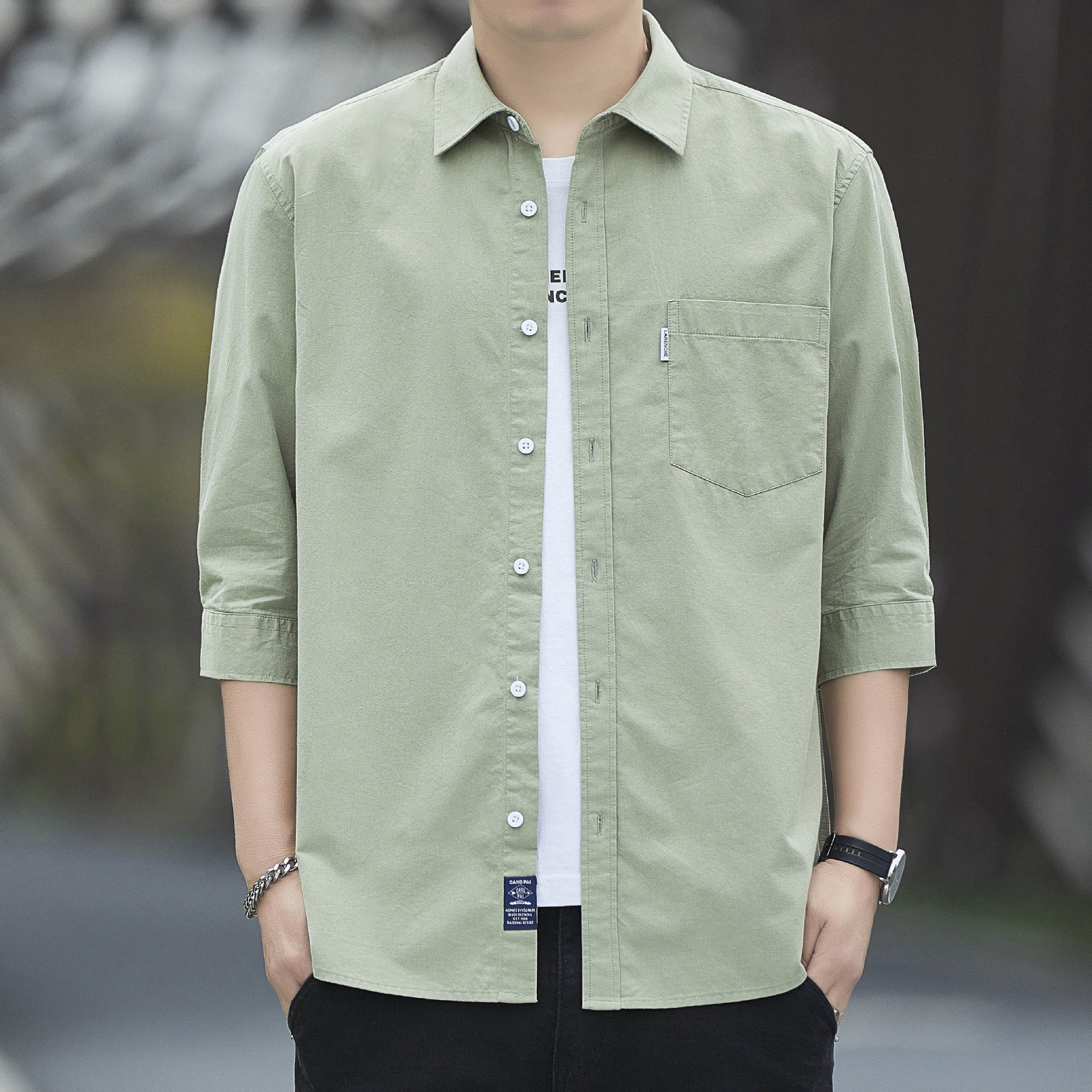 夏季纯棉七分袖衬衫男开衫薄款外套休闲百搭工装短袖衬衣宽松上衣