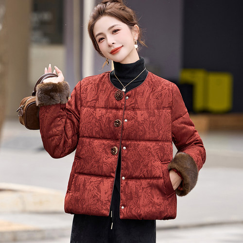 新中式国风红色羽绒服女冬装新款保暖外套胖妈妈高级感两件套穿搭