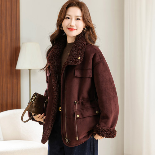 大码女装皮毛一体加绒外套女冬季新款胖MM加厚宽松时尚两面穿棉服