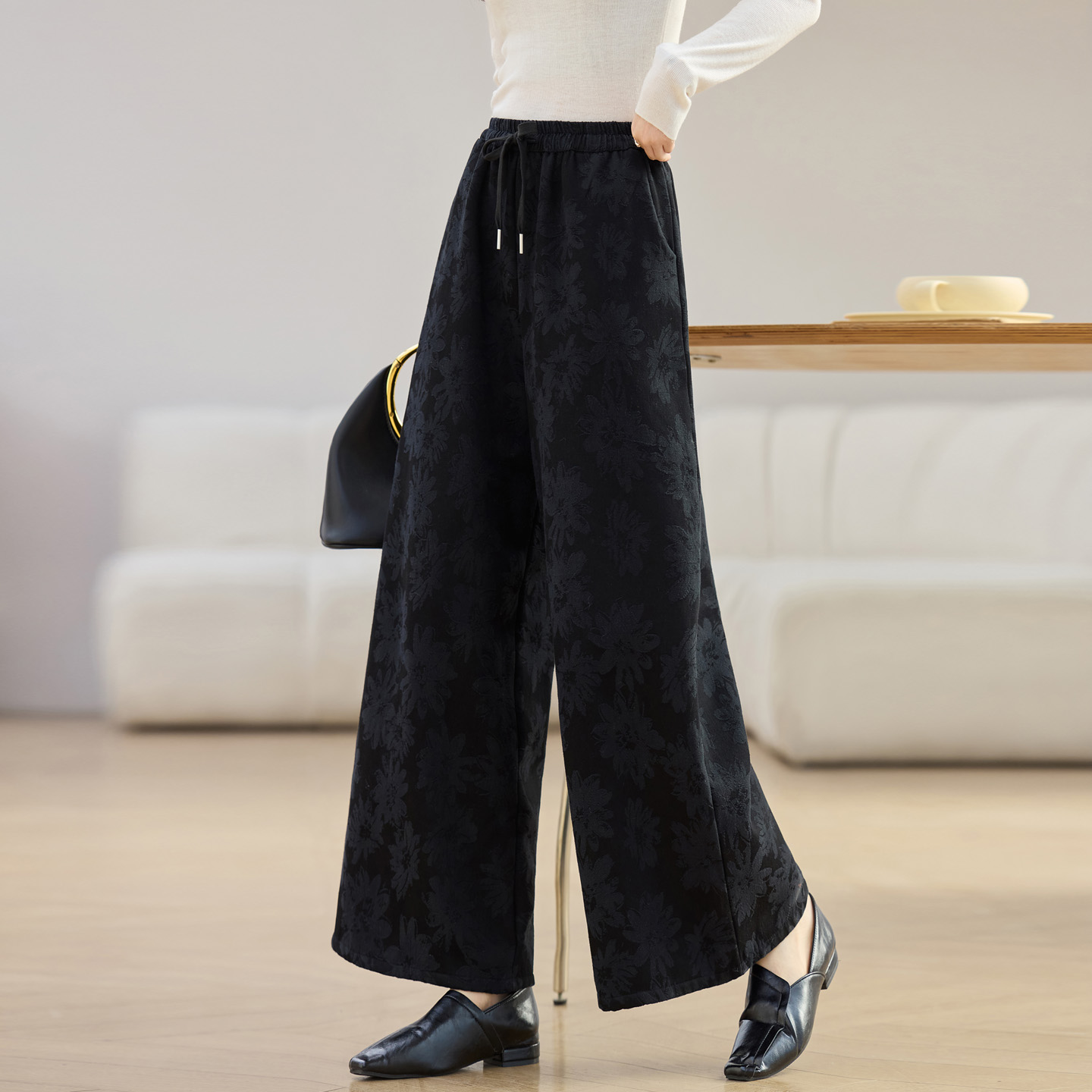 大码新中式提花加绒阔腿裤女冬装新款高腰宽松系带松紧腰直筒裤