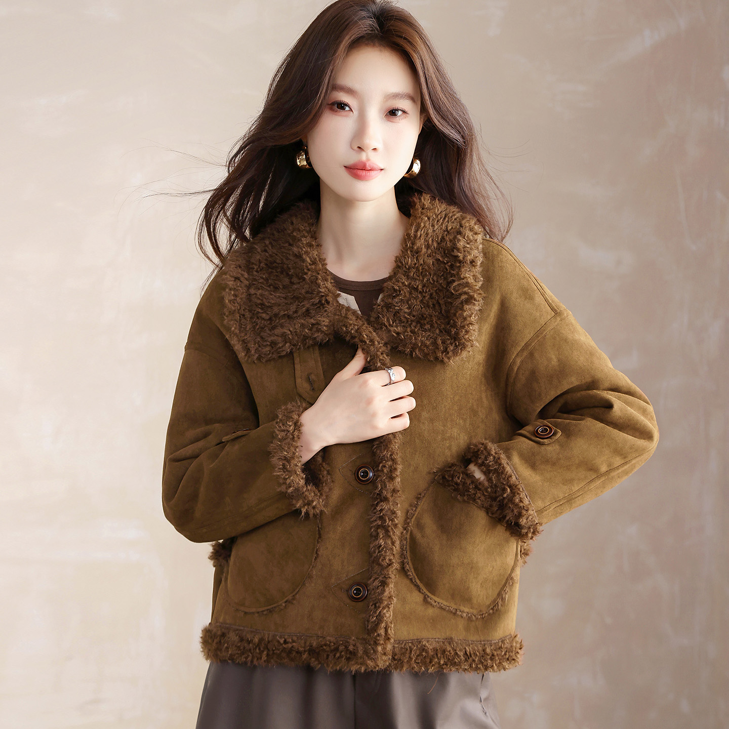 复古皮毛一体羊羔毛外套女