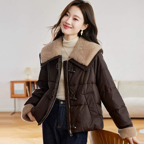 爆款皮面羽绒服女短款冬装新款胖MM宽松时尚大毛领保暖皮衣外套