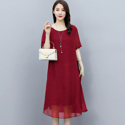 大码女装雪纺连衣裙女夏装新款200斤胖妈妈宽松遮肉显瘦红色裙子