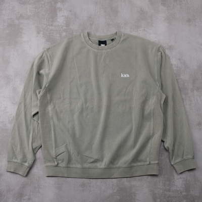 kith水洗做旧绿色刺绣字母经典标志打底圆领套头卫衣