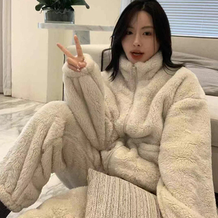 加绒加厚保暖法兰绒休闲家居服套装 珊瑚绒立领睡衣女冬季 2025新款