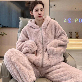 连帽加绒加厚保暖法兰绒家居服套装 粉色珊瑚绒睡衣女冬季 2025新款