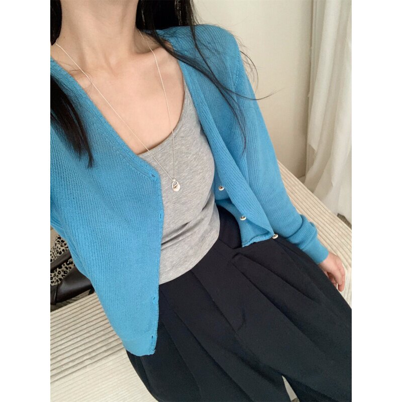 韩系休闲风针织曲麻v领开衫女2026新款宽松显瘦纯色百搭长袖上衣