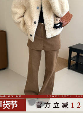 韩版设计感灯芯绒加绒屁帘微喇裤女2025冬季新款时髦百搭显瘦长裤