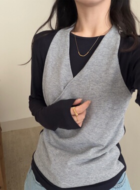 韩版挂脖假两件弹力长袖T恤女2026春新款设计感修身显瘦内搭上衣