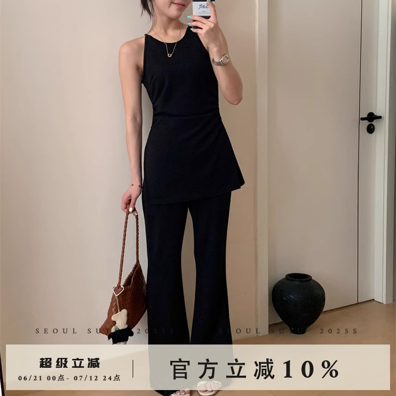 韩版气质无袖收腰吊带背心2025夏季新款高腰垂感微喇休闲长裤套装
