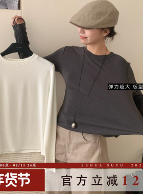 休闲风加厚羊绒弹力长袖T恤女2025秋季新款修身显瘦圆领打底上衣