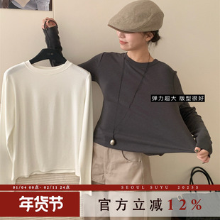 休闲风加厚羊绒弹力长袖T恤女2025秋季新款修身显瘦圆领打底上衣