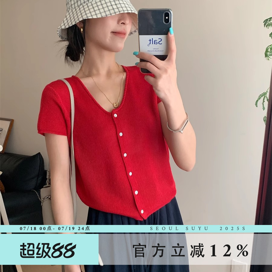 韩版休闲亚麻针织短袖T恤女