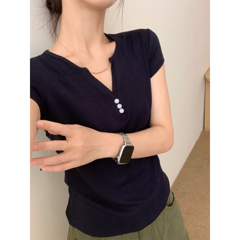 韩版夏日轻薄透气剪刀领扣子弹力T恤女老钱风亨利领polo衫短袖t恤