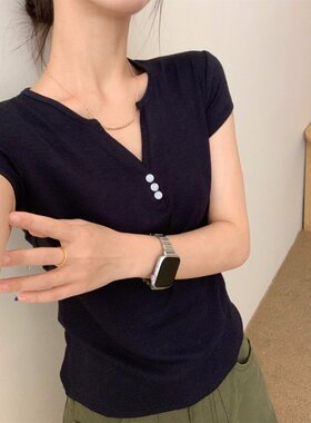 夏季韩系V领弹力修身短袖T恤女