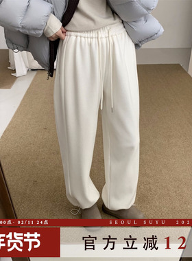 韩版抽绳松紧腰加绒卫裤女2025秋冬新款宽松显瘦软糯温柔阔腿长裤