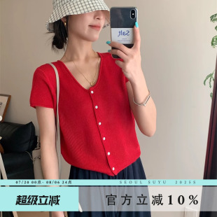 排扣设计感薄款 韩版 新款 休闲亚麻针织短袖 打底上衣 T恤女2025夏季