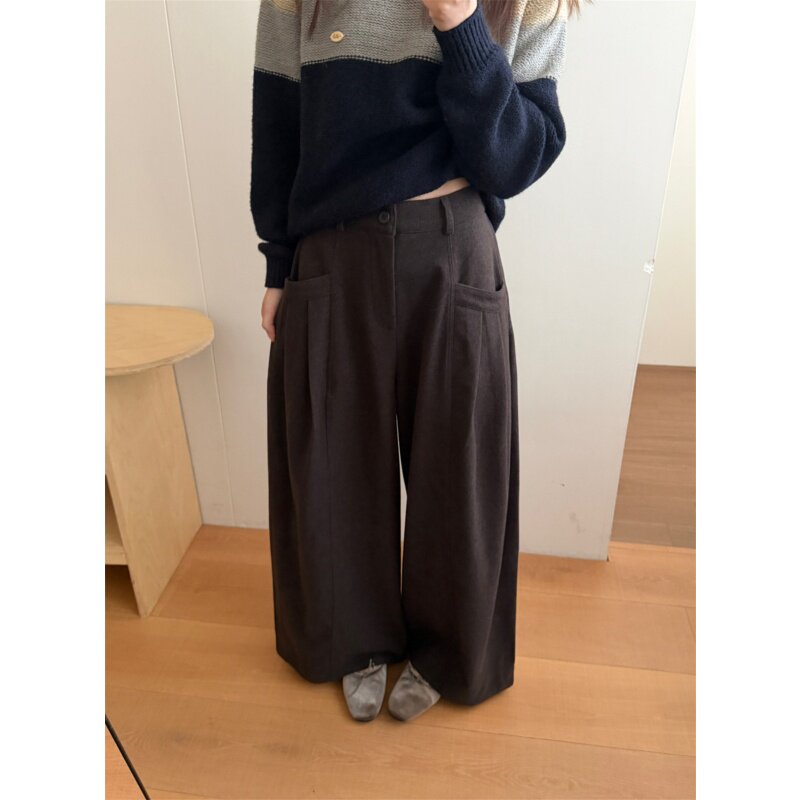 韩系后松紧大口袋羊毛呢料阔腿裤女显瘦百搭高腰老钱风垂感休闲裤