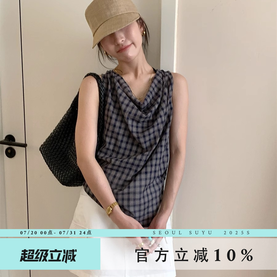 韩版拼接无袖格子背心百搭上衣女
