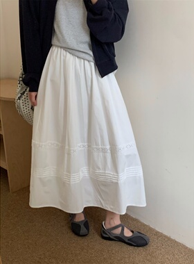 韩系温柔风白色花边半身裙女2026夏季新款松紧腰垂感显瘦白色长裙