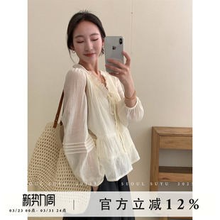 新款 女2026春季 休闲百搭减龄内搭上衣 衬衫 韩系温柔风v领显瘦长袖