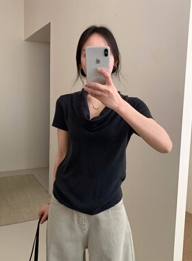 韩系休闲风荡领针织短袖女2026春季新款纯色简约修身显瘦百搭上衣