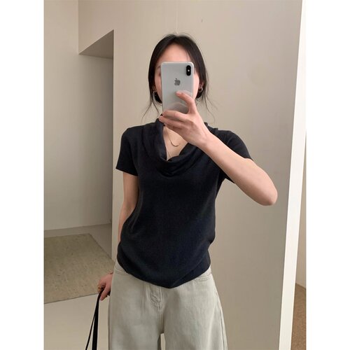 韩系休闲风荡领针织短袖女2026春