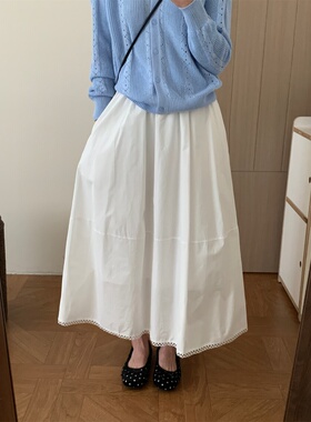 韩系温柔风白色花边半裙女2026春季新款高腰显瘦中长款a字蓬蓬裙