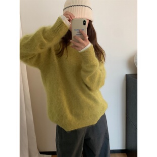 韩系加厚羊绒羊毛拉毛套头毛衣女2026秋冬新款慵懒针织衫上衣短款