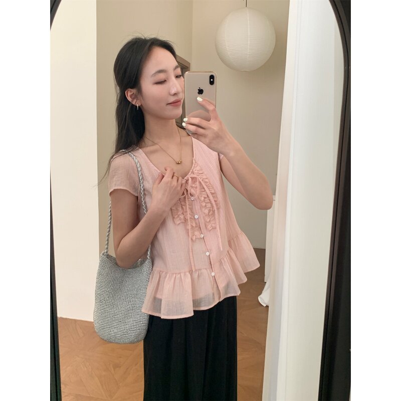 韩系甜美风花边短袖衬衫女2026春新款设计感蝴蝶结小个子显瘦上衣