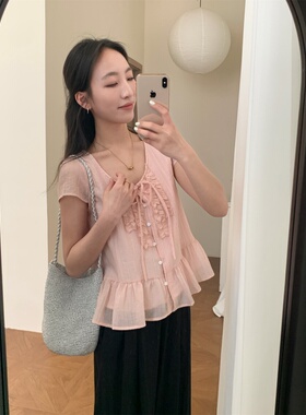 韩系甜美风花边短袖衬衫女2026春新款设计感蝴蝶结小个子显瘦上衣