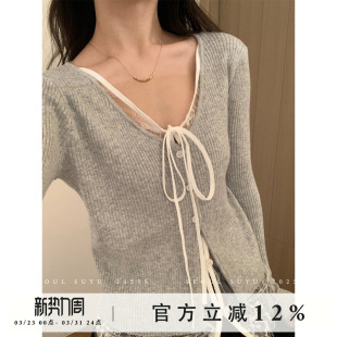 修身 新款 显瘦设计感别致上衣 女2026春季 韩系温柔风v领蕾丝针织衫