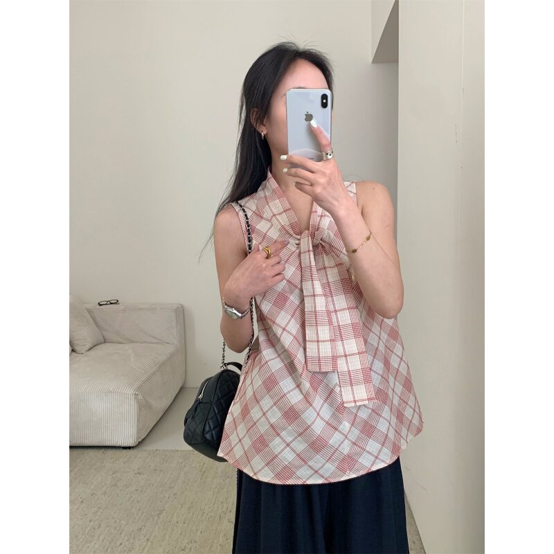 韩系复古格纹系带无袖格子上衣女小个子通勤百搭轻薄宽松减龄背心