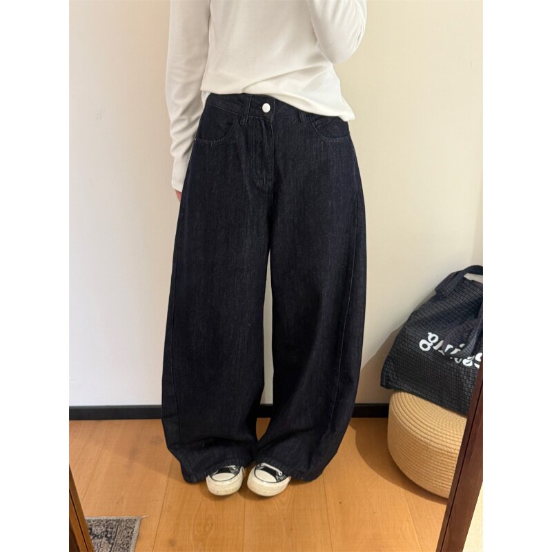 韩系丹宁色阔腿牛仔裤女