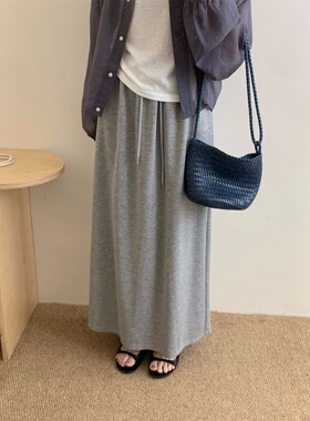 韩系面膜松紧腰开叉卫半裙女灰色慵懒松弛感卫裙女高腰半身长裙