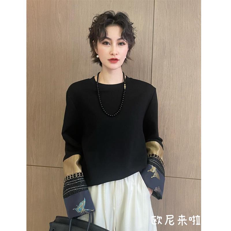 欧尼家新中式鎏金色拼接刺绣 / 早春新款国风黑色上衣