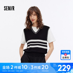 2025秋新款 氣質(zhì) 森馬毛衣女短款 假兩件時尚 毛衫 商場同款 條紋短袖