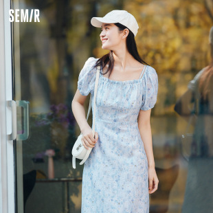 森马连衣裙女一字肩方领吊带修身长裙温柔夏浪漫肌理碎花裙小清新