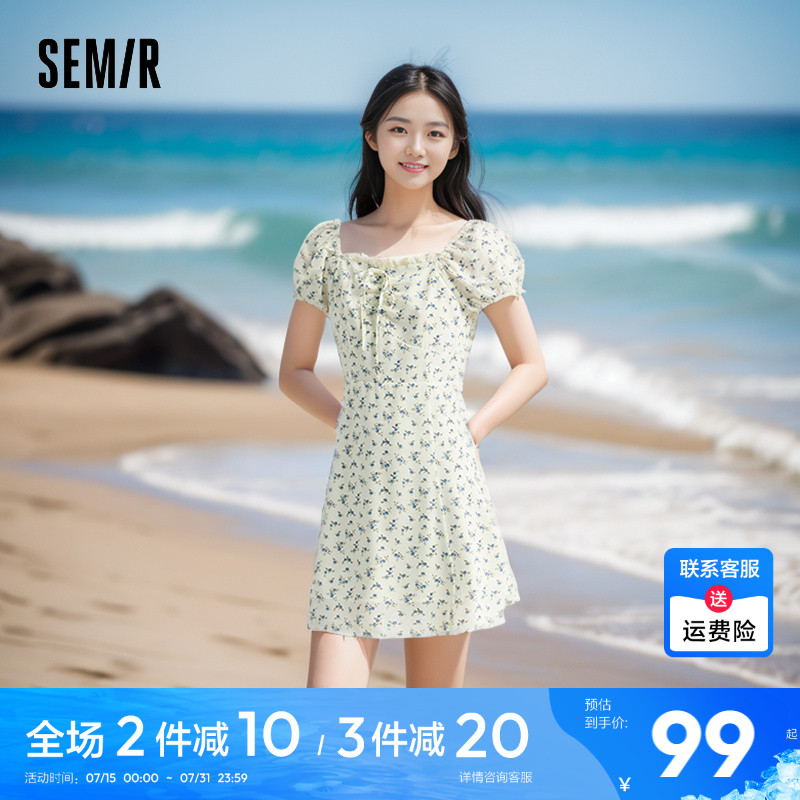 森马泡泡袖碎花雪纺裙森系收腰女