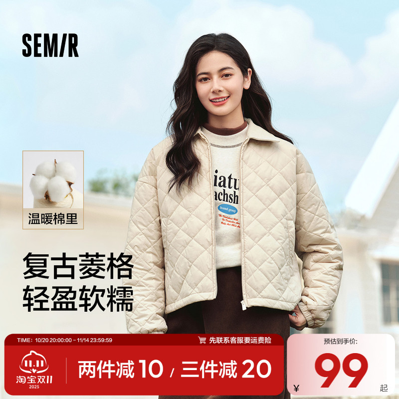 森马翻领菱形格三防轻薄棉服女