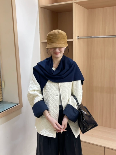 韩版时尚披肩撞色外套女秋季新款宽松显瘦圆领中长款上衣潮57105