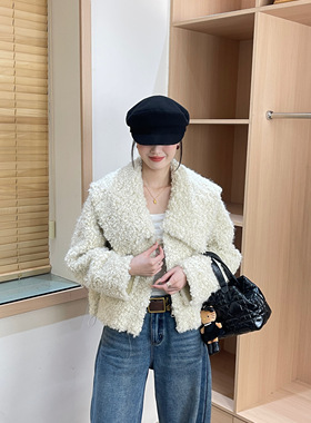 冬季新款韩版气质宽松显瘦大翻领皮毛一体百搭羊羔毛外套女27705